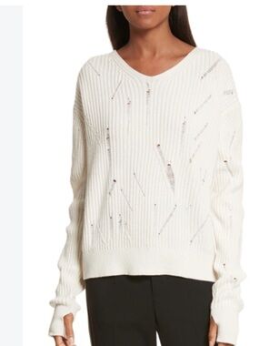 HELMUT LANG White V-Neck Distressed Ribbed Sweater